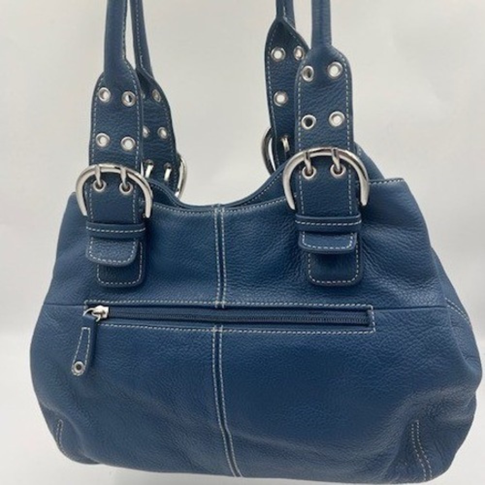Tignanello Shoulder Bag Womens Medium Blue EUC Leather Buckle Contrast Stitch